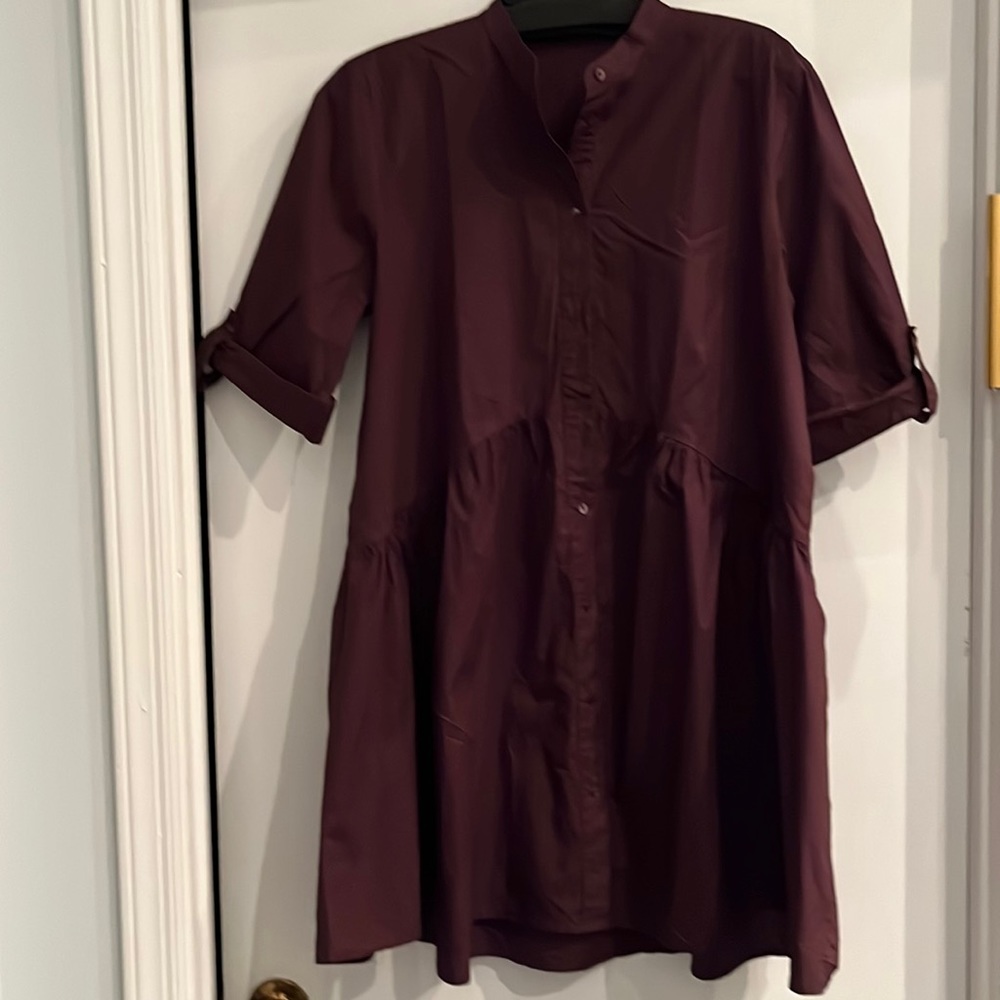 Zara Wine Red Button Down Long Sleeve Shirtdress